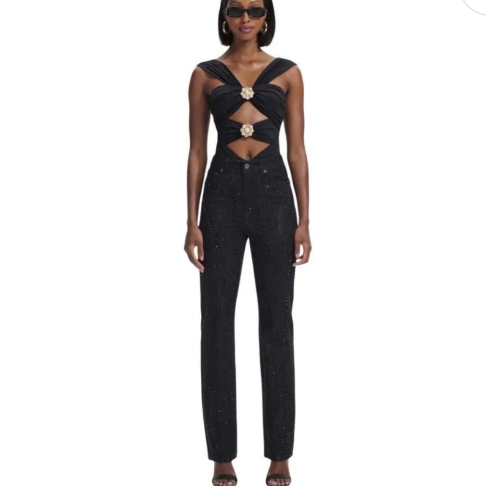 Self-Portrait Rhinestone Black Straight Leg Jeans